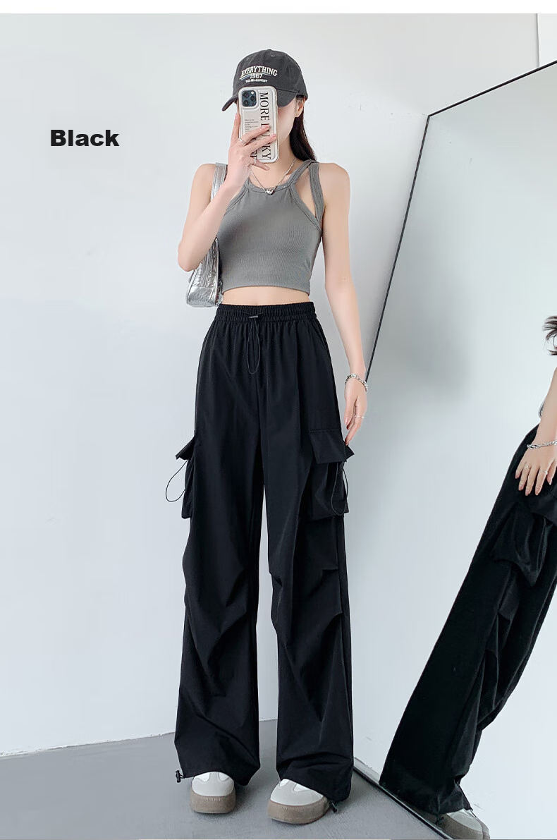 LangSha American-Style Parachute Cargo Pants for Women, Summer Ice Silk High-Waist Wide-Leg Loose Casual Quick-Dry Outdoor Sports Pants 40