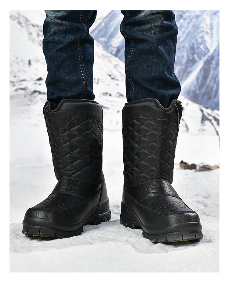 Yijiabao Snow Boots for Men, Winter Men's Shoes, Fleece-Lined for Warmth, Waterproof, Northeast Travel Shoes, Cowhide Sole Non-Slip Shoes, Black, Size 40 5