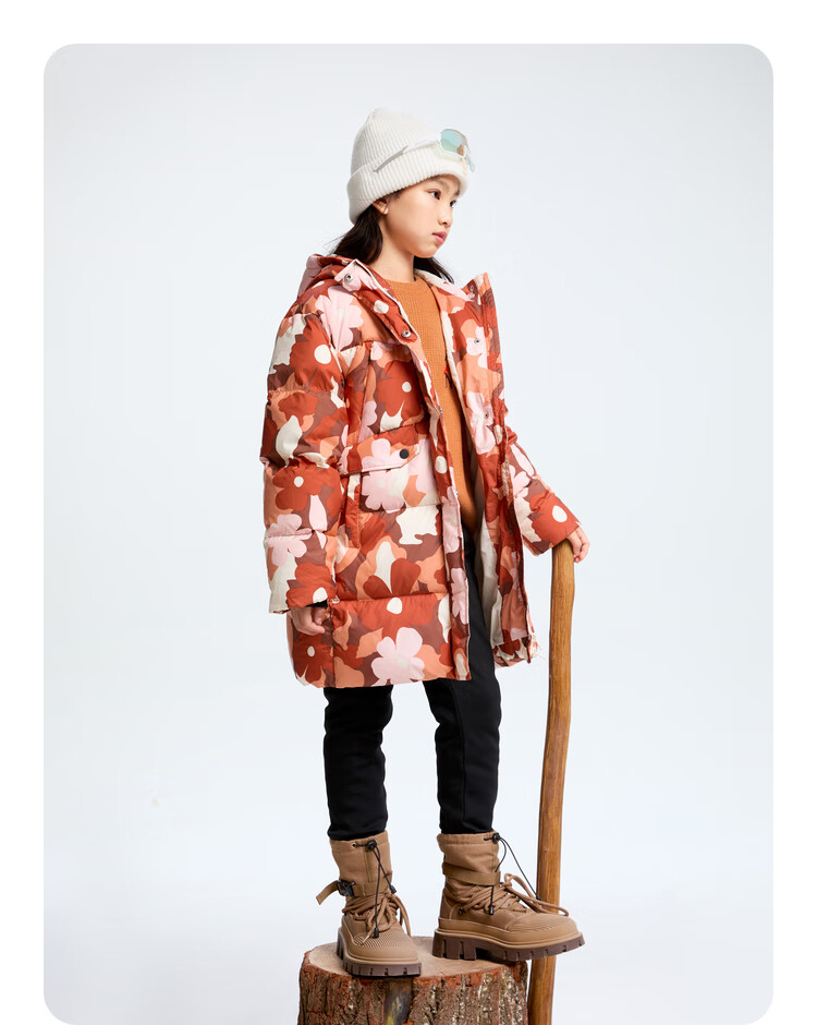 Annil Children's Clothing, Girls' Mid-Length down Jacket, 2024 Winter New Style, Brown Floral Pattern, Size 120 7