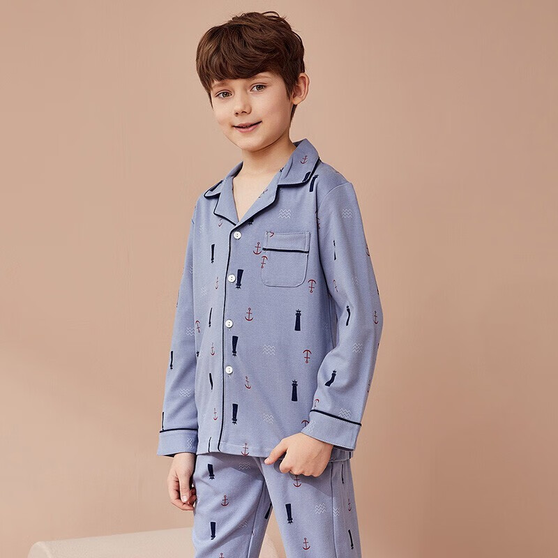Hodo Children's Pajamas Boys Pure Cotton Home Wear Set Spring And Autumn New Style for Older Kids Lapel Long-Sleeve Long Pants Two-Piece Set H1J3195 Gray-Blue 140