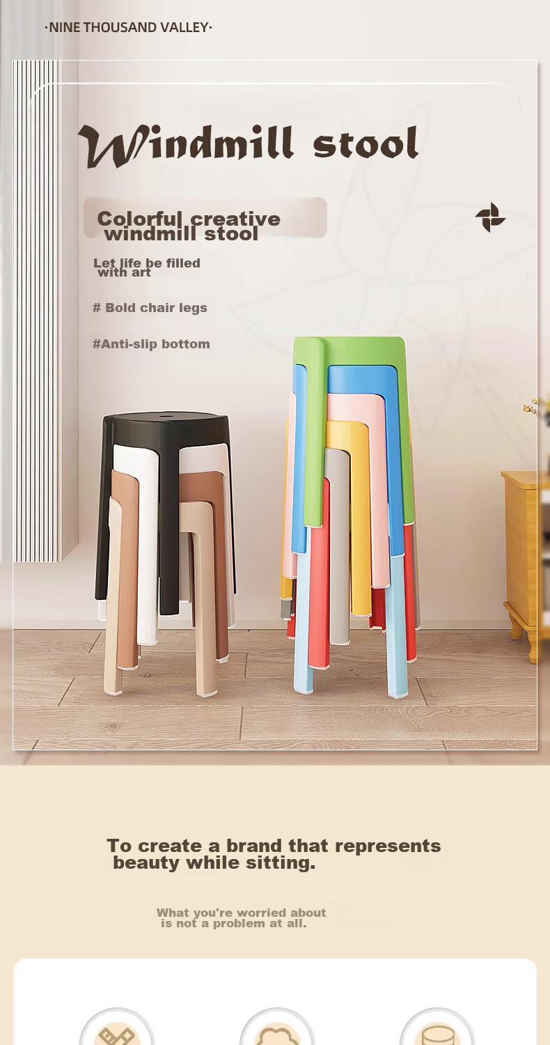 Jiuqiangu Fashionable Round Stool, Thickened Plastic Adult Stool, Stackable Dining Table Bench, Home Chair, Spare Stool, High Stool 2117 1