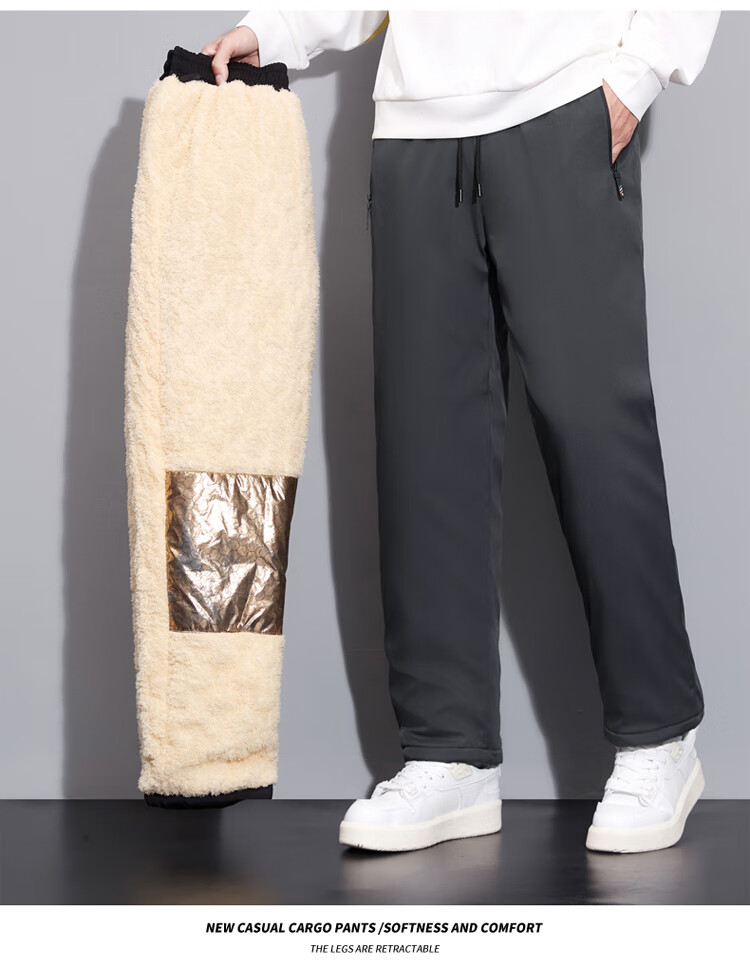 TUCANO Men's Cotton Pants Lamb Wool Fleece Thickened Graphene Warm Comfortable Casual Straight Leg Trousers Black 3XL 19