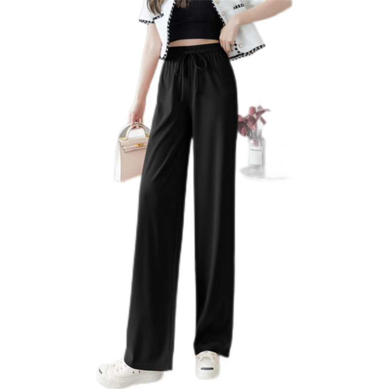 Chushen Women's High-Waisted Wide-Leg Pants, Black Casual Trousers with Draping Effect for Slimming, S137K5866, Size XL