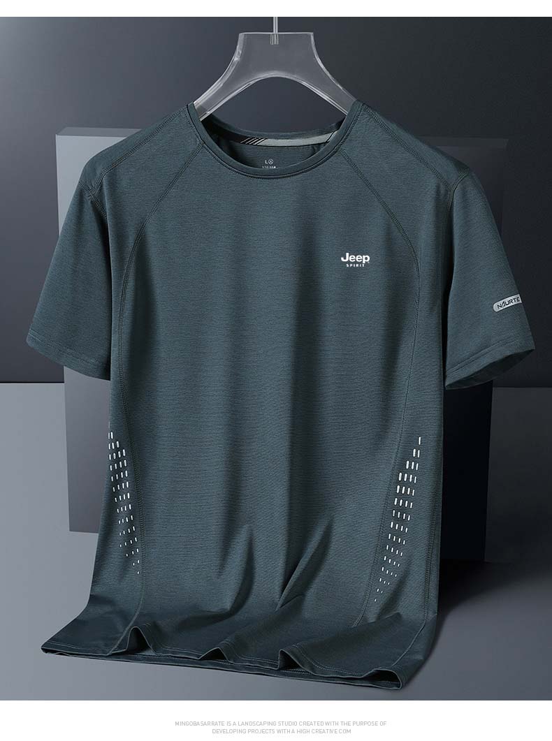 JEEP SPIRIT Men's Short Sleeve T-Shirt Summer Ice Silk Quick-Dry Crew Neck Casual Sports Outdoor Green 2XL 4