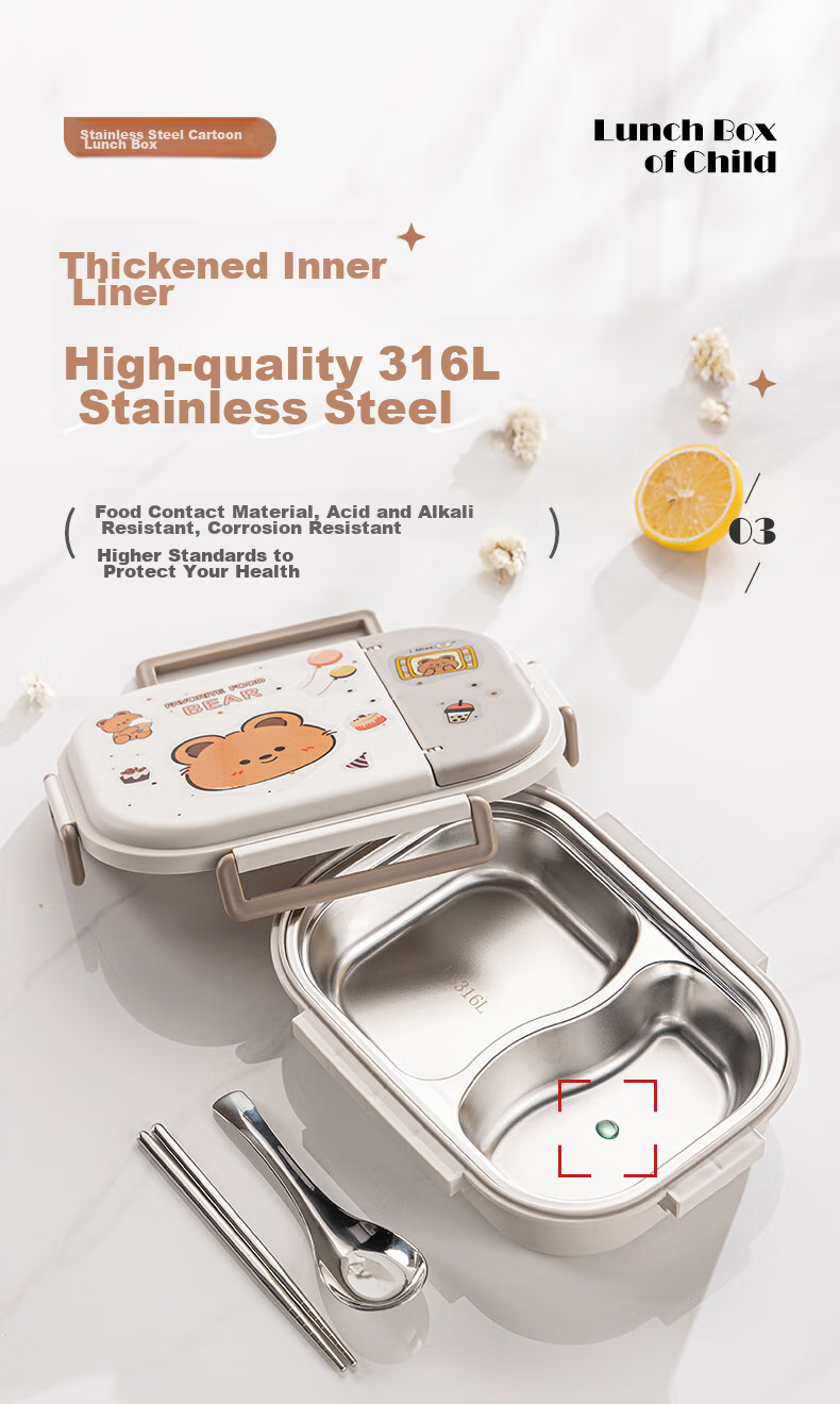 Guangyi 316 Stainless Steel Lunch Box for Elementary School Students And Office Workers, Children's Meal Box with 2 Compartments And Utensils GY7417 2