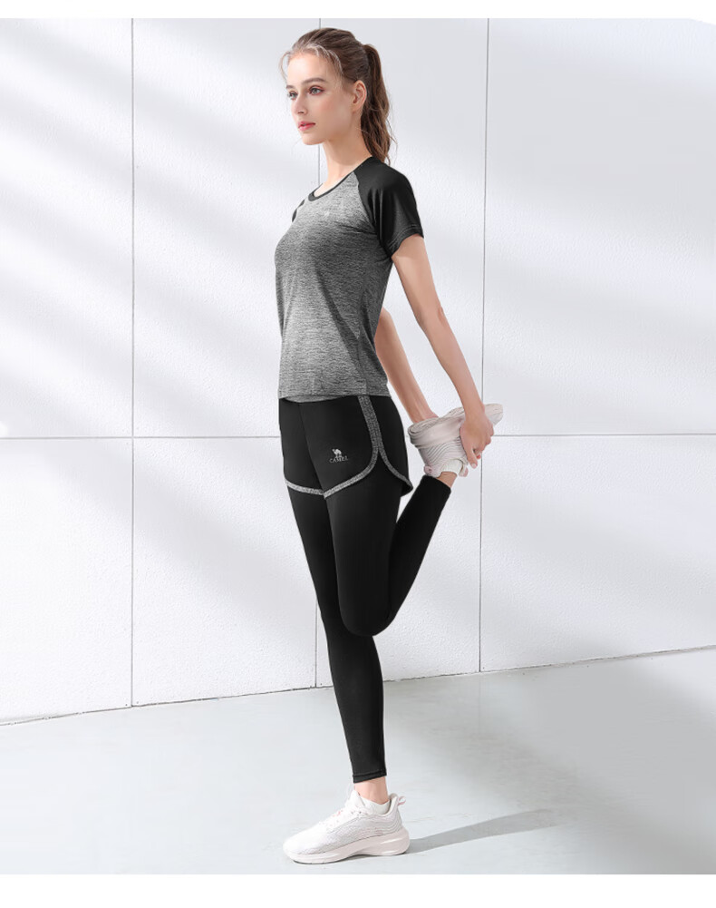 CAMEL Women's Sportswear Set, New Yoga Fitness Pilates Elastic Short-Sleeve Top And Long Pants, Anti-Exposure Two-Piece Athletic Outfit 19