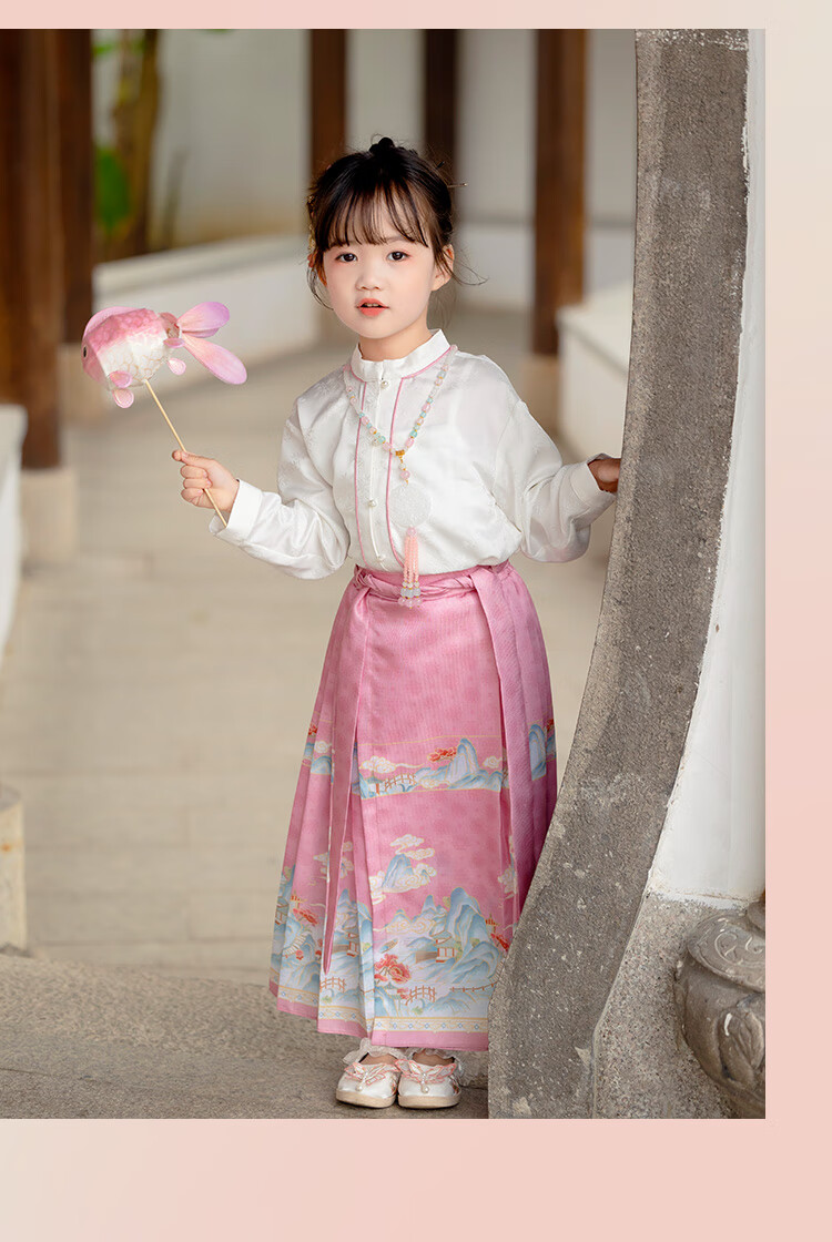 Menghu Yueqing Mountain Hanfu Girls' Spring New Style Children's Chinese-Style Ancient Costume Ming Dynasty Horse-Face Skirt Set, Pink Horse-Face Skirt, Size 100 5