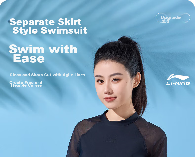 Li-Ning Women's Two-Piece Swimsuit, Skirted Style with Boy Shorts And Long Sleeves, Conservative, Tummy-Concealing, Slimming, Vacation And Hot Spring Swimwear, 484 Black, Size M 1