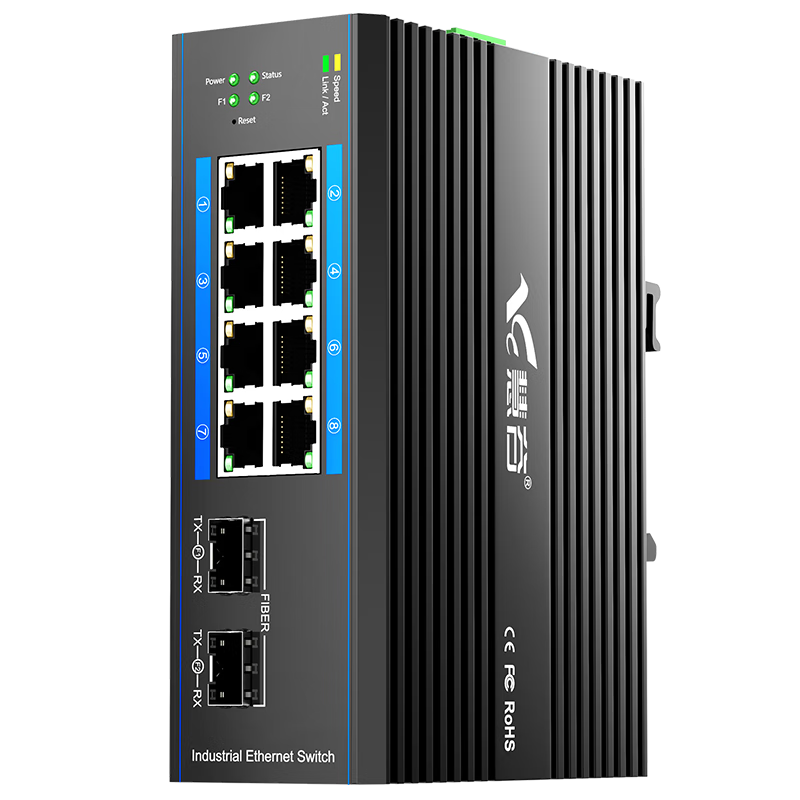 Huigu Industrial Ring Network Switch, Gigabit 2 Optical 8 Electrical DIN Rail Fiber Optic Switch, Transceiver, Managed Type, ERPS Ring Group VLAN Partitioning, HG800-23