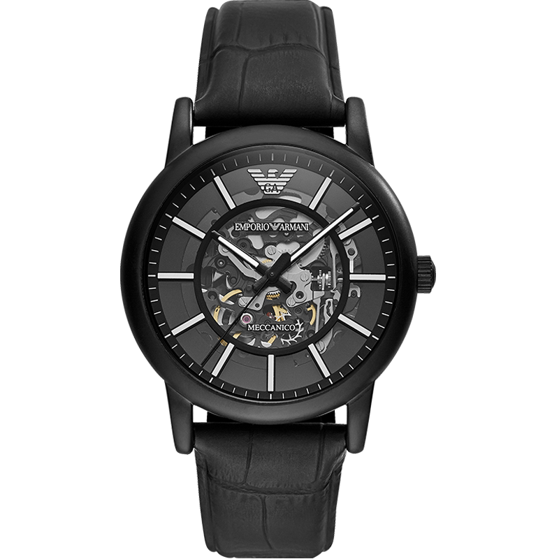 EMPORIO ARMANI Men's Watch, Black Knight Series, Cool Leather Strap, Skeleton Mechanical Watch, Birthday Gift for Men, AR60008