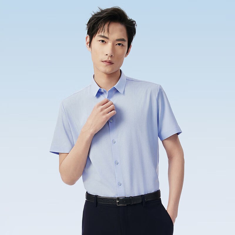 Hodo Men's Short-Sleeve Shirt, Elastic Solid Color, Easy-Care Smooth Slim-Fit Short-Sleeve Shirt, B1 Blue, 170/88A