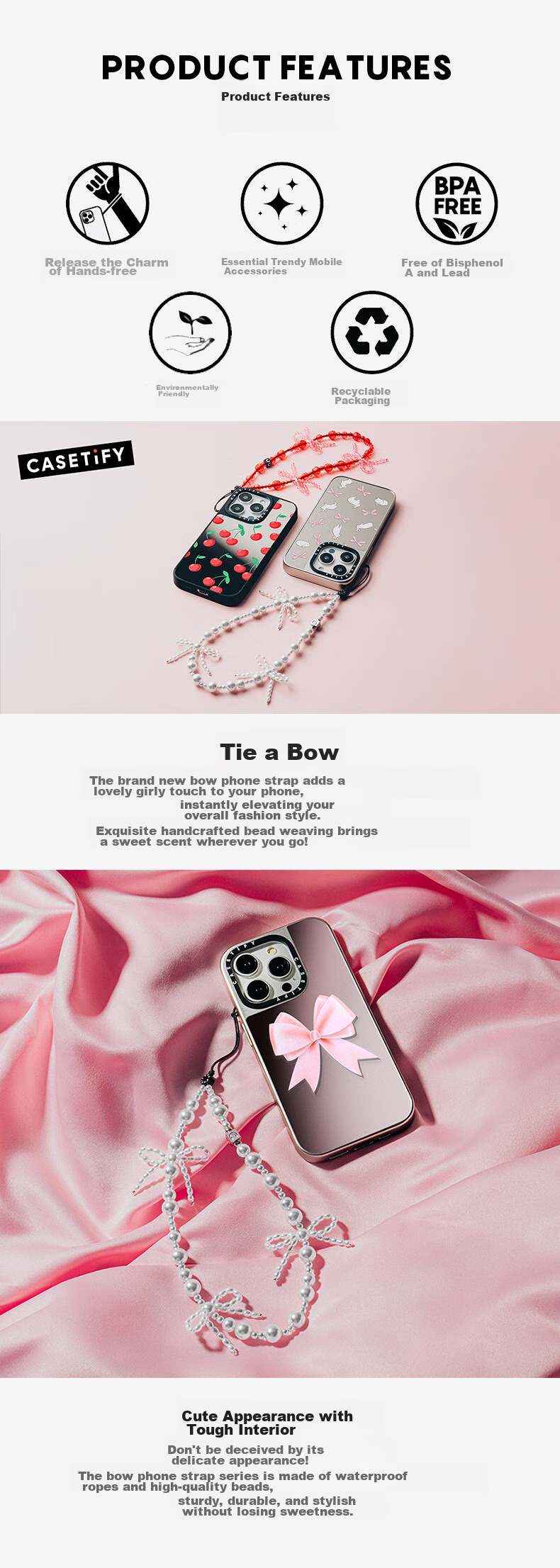 CASETIFY Snowflake Bow Phone Chain, Suitable for All IPhone Series, Portable Phone Lanyard Accessory 3