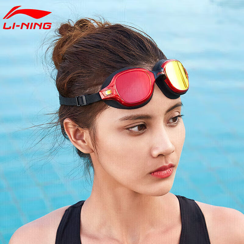 LI-NING Swimming Goggles for Women, High-Definition Waterproof Anti-Fog Large Frame Adult Men Women Swim Gear LSJN588-1 Black And Red