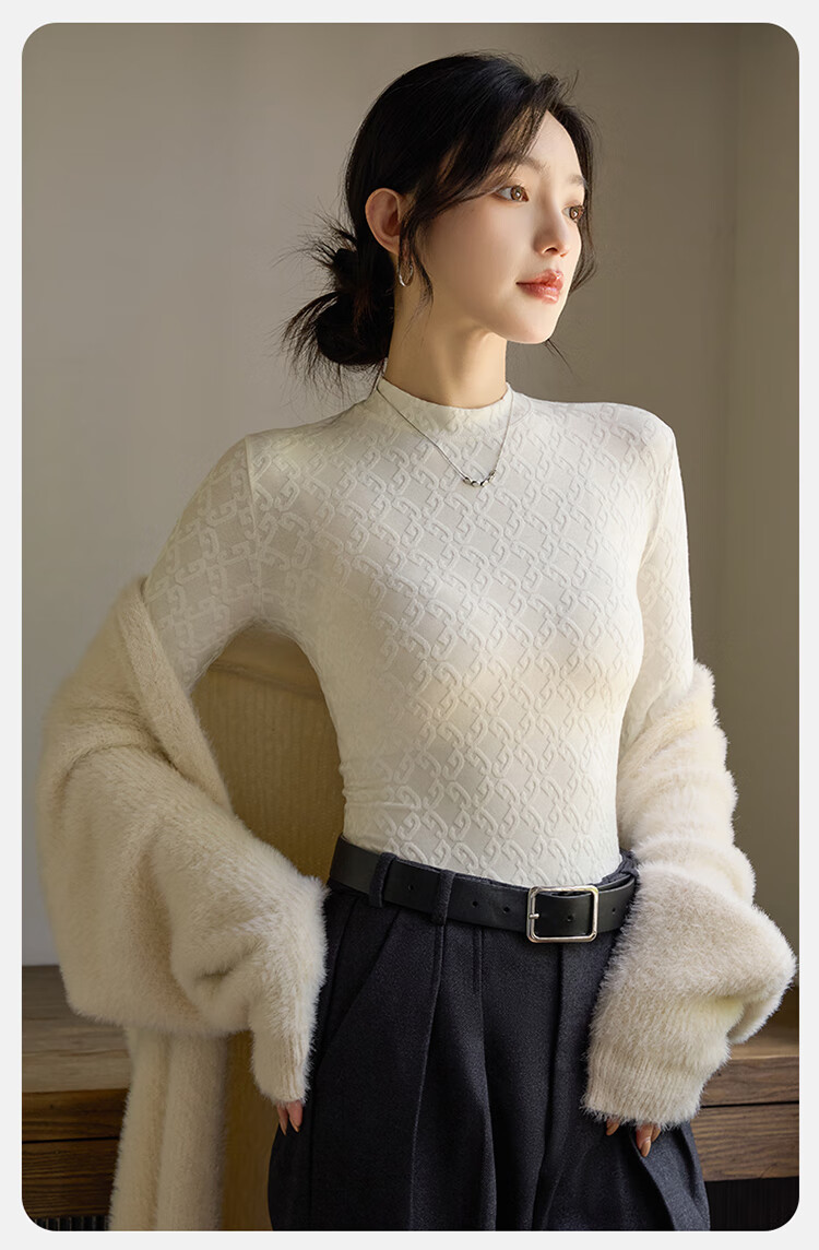 LangSha Base Layer T-Shirt for Spring And Summer, Thin Fit, Waist-Cinching, Women's Warm Black And White Slimming Round Neck Undershirt, Long-Sleeve Top 17