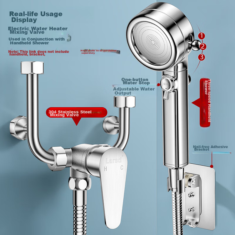 Larsd Electric Water Heater Mixing Valve, 304 Stainless Steel Shower Switch, Hot And Cold U-Shaped Valve, Surface-Mounted Shower Faucet, LD5223