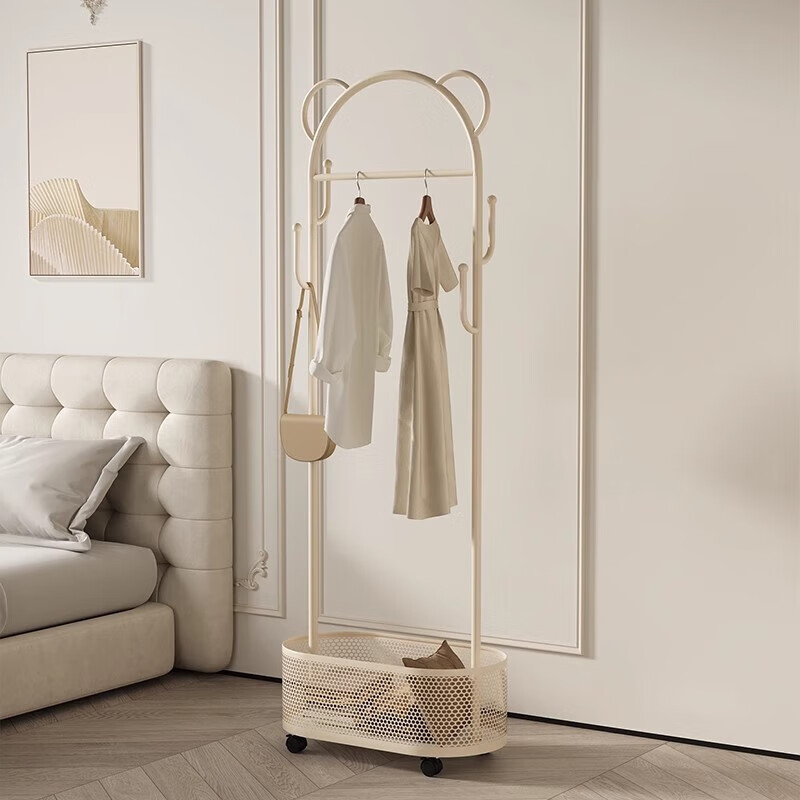 XIAOJIANGCAI Coat Rack, Floor-Standing Clothes Hanger with Wheels, Mobile Drying Rack for Living Room, Simple Storage Coat Stand, 40cm Cream White