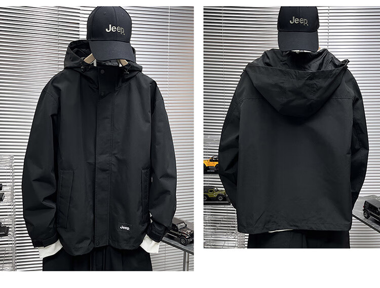JEEP Men's Jacket, Spring And Autumn Casual Loose Windbreaker Workwear Clothing, Black, 3XL 12