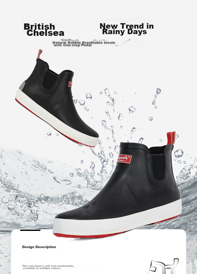 Jolly Walk Men's Water Shoes, Low-Top Waterproof Rain Boots, Car Washing Fishing Rubber Overshoes JW208 Black And Red Size 46 1