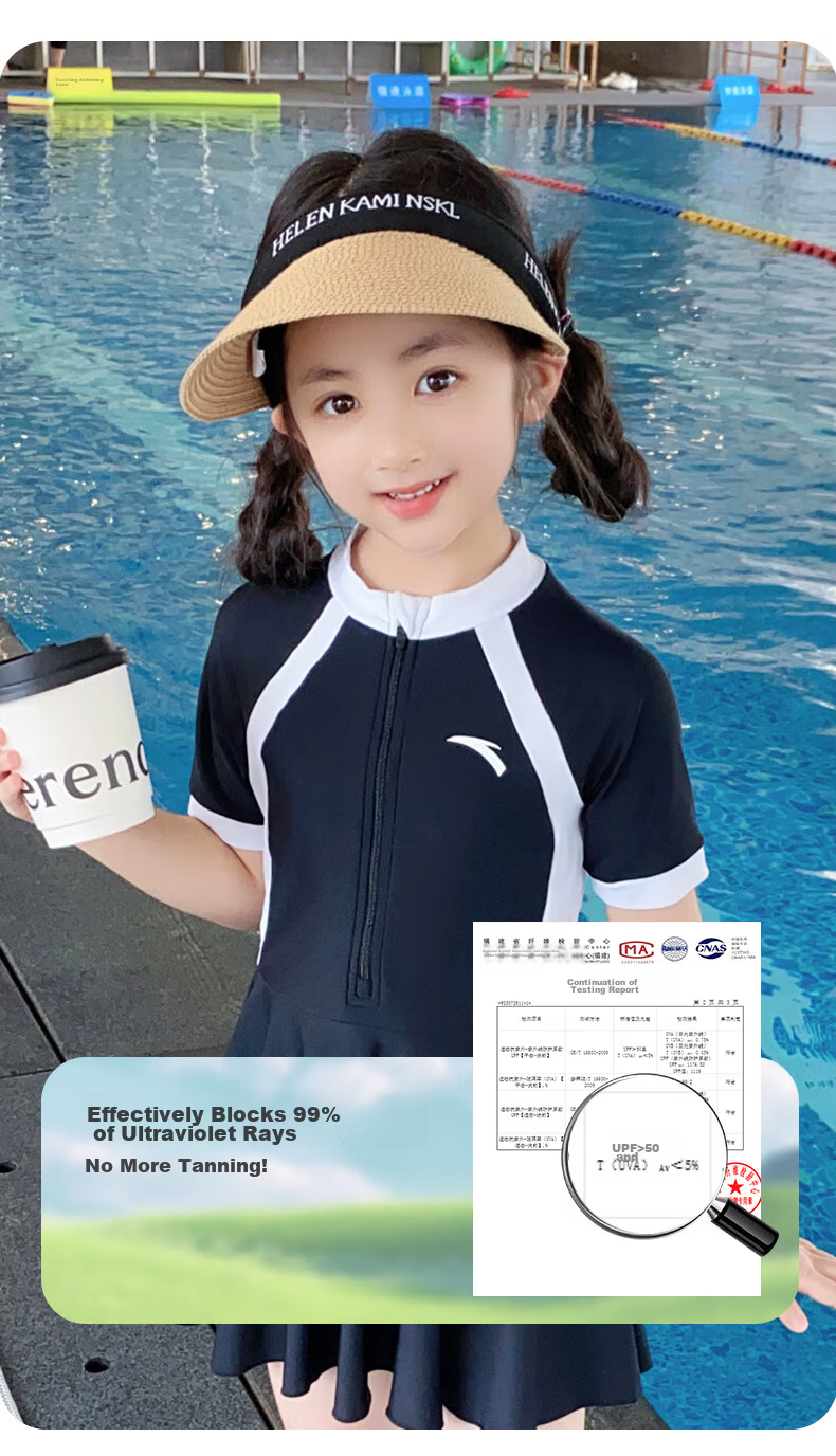ANTA Children's Swimsuit, New Style One-Piece Swimwear for Girls, Suitable for Young Children And Middle School Students, Conservative Design, Pink, Size 120 7
