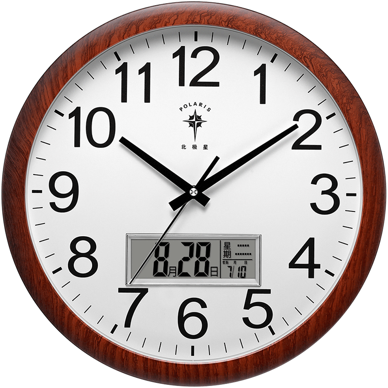 POLARIS Wall Clock Living Room Perpetual Calendar Silent Quartz Clock Fashionable Calendar Creative 35cm Wood Grain Hanging Clock