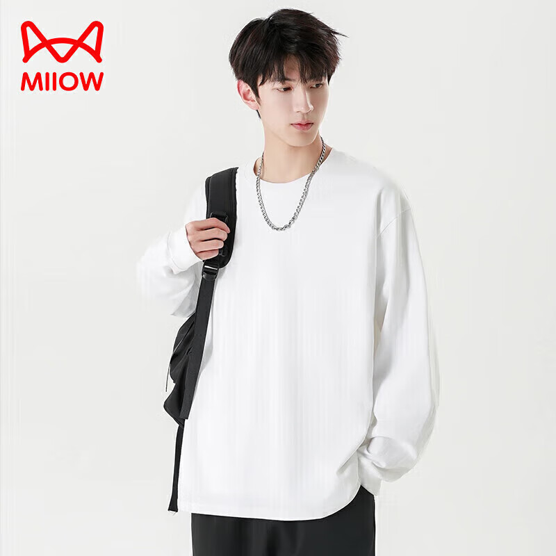 MiiOW Men's T-Shirt, 100% Pure Cotton Round Neck, Spring And Autumn Season, Versatile for Commuting, Loose-Fitting Inner Layer, Layered Sweatshirt, Undershirt for Me