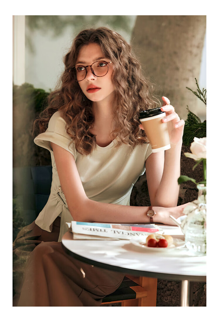 Olrain Irregular Pleated Waist-Tied T-Shirt Women's Summer Stylish Short Sleeve Top Milk Tea Color M 18