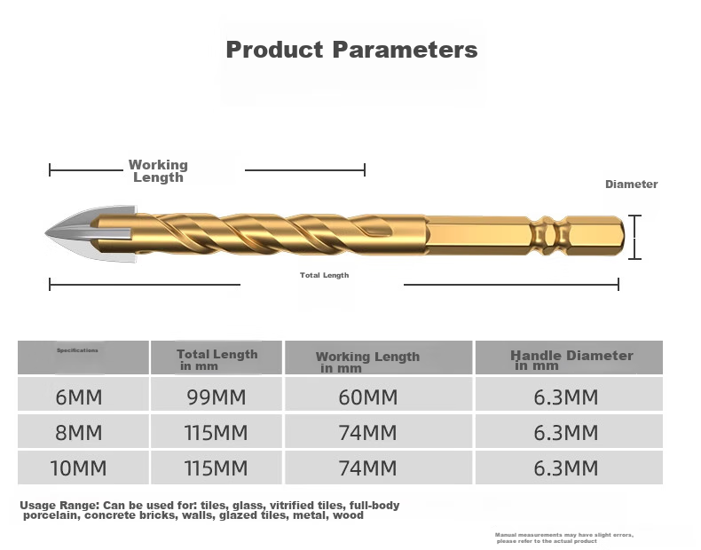 GREENER Concrete Marble Drill Bit Four-Blade Impact King Drill Triangular Drill for Ceramic Tile And Glass Drilling 6/8/10/12mm 13