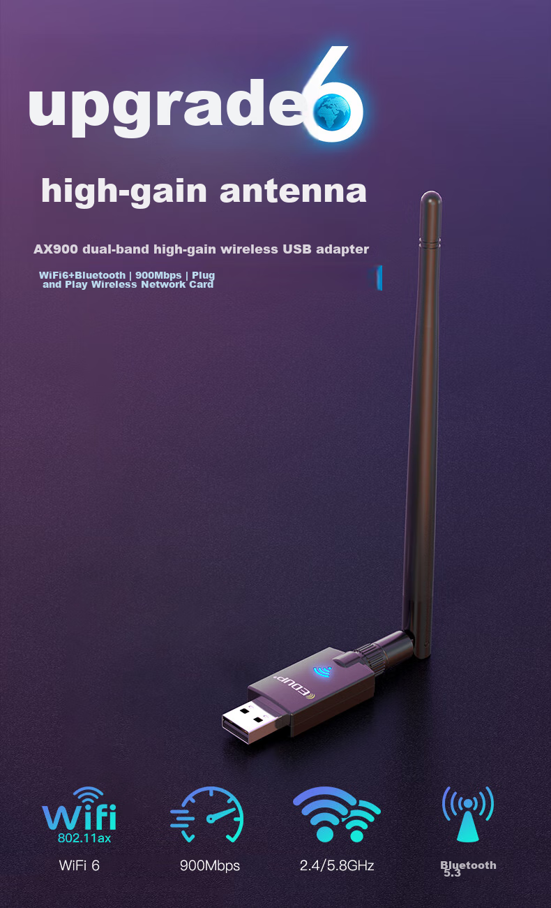 EDUP AX900 WiFi 6 Driverless USB Dual-Band 5G Bluetooth 5.3 Wireless Network Adapter for Desktop Computers, Supports Win10/11 EP-AX900S 1