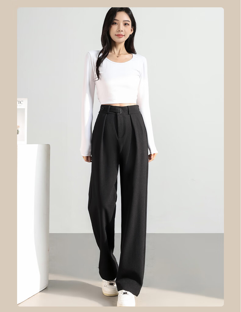 FitonTon Women's Black Early Autumn 2025 Draped Elegant Casual Wide-Leg Straight-Leg Trousers 9