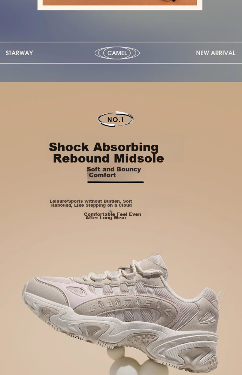 CAMEL Star Journey Dad Shoes, Thick-Soled Retro Casual Sneakers, X24C09L7612, Beige/blue, Size 38 5