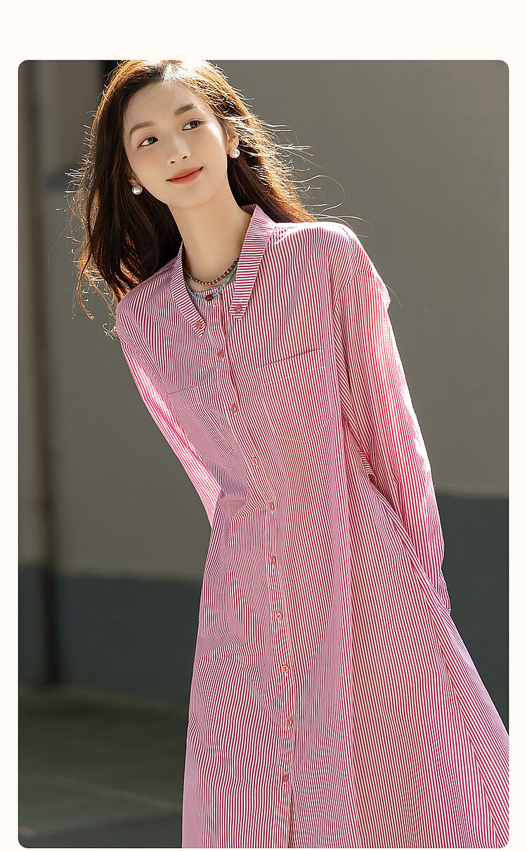 Dme Simple Style Stand Collar Comfortable Cotton Straight Loose-Fitting Dress Shirt-Style Dress for Women, Pink, S 2