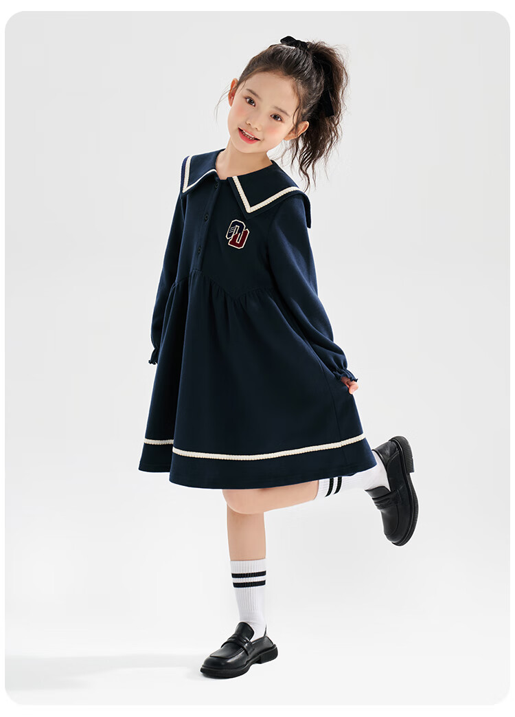 QQ DUCK Girls' Dress, Children's Preppy Style Holiday Outfit, Student JK Navy Dress, Big Kids' Clothing 2