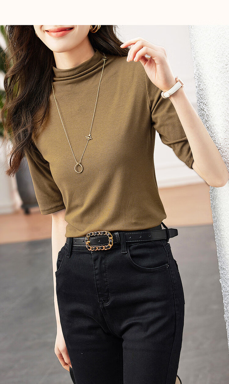 Dme [High-Elastic Simple Mid-Sleeve Base Shirt], Autumn Stand-Up Collar Slim-Fit Women's T-Shirt 13