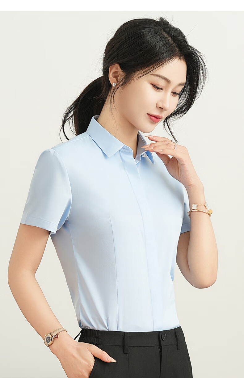 ROMON Cotton Short-Sleeve Shirt for Women, Business Casual Professional Formal Wear, Slim Fit Work Uniform Commuter White Blouse Women's Clothing 13