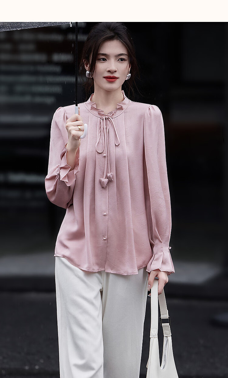 Dme [Ankeala Red] Elegant Office Blouse for Spring And Autumn, Wrinkled Shiny Ruffle Puff Sleeve Shirt Women's Top 15