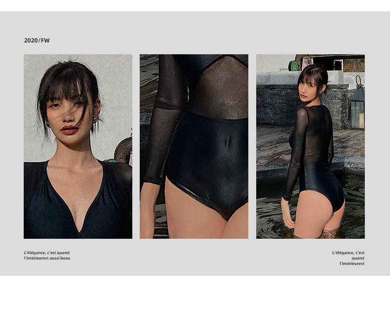 OMOM One-Piece Swimsuit for Women, Black High-Waist Slimming Tummy-Covering Mesh Spliced Long Sleeve Student Hot Spring Swimming Suit L 4