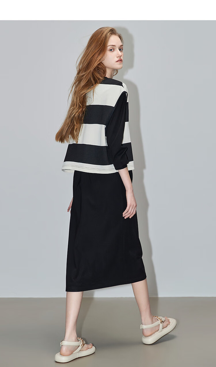 Dme [Laziness Casual Outfit] Spring And Autumn New Fashion Draping Roman Fabric Dress, Box-Shaped Striped Vest Two-Piece Set 10