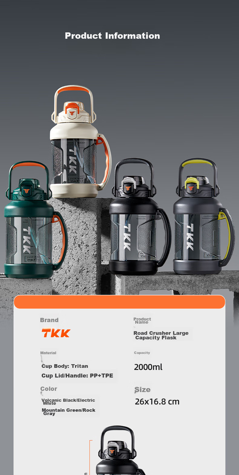 TKK Dunton Bucket Sports Water Bottle, Extra Large Capacity Fitness Water Cup, High Temperature Resistant, Men's Tritan Tundun Student Summer Cup 16