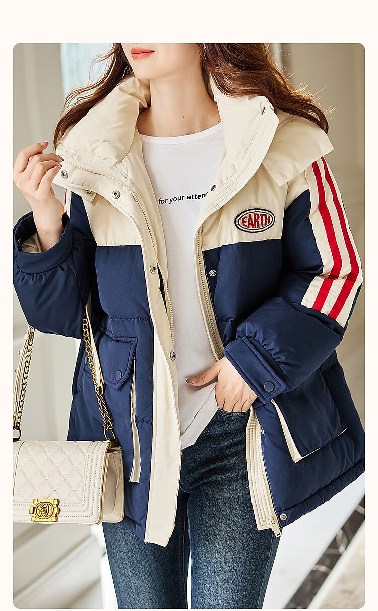 Dme [Xueji Lian Dong] Winter Warmth 90% Duck Down Hooded Windproof Stand Collar Contrasting Color Letter down Jacket Women's Coat 2