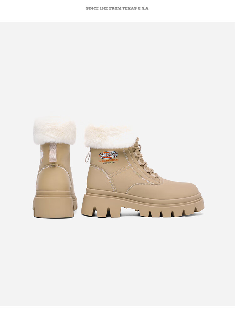 Dickies Women's Snow Boots, Women's Boots, Fleece-Lined Martin Boots, Thickened Warm Cotton Boots, High-Top Casual Boots, Beige, Size 39 8