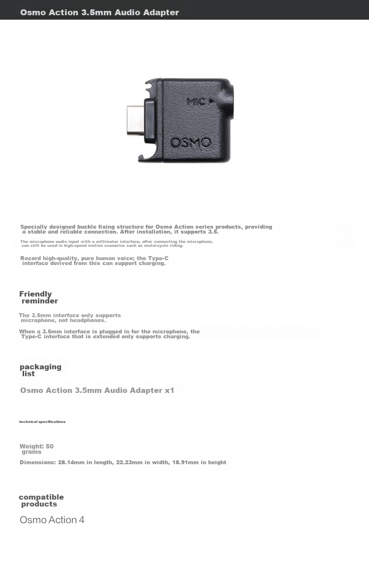 DJI Osmo Action 3.5mm Audio Expansion Accessory, Compatible with Osmo Action 6/Action 5 Pro/Action 4 1