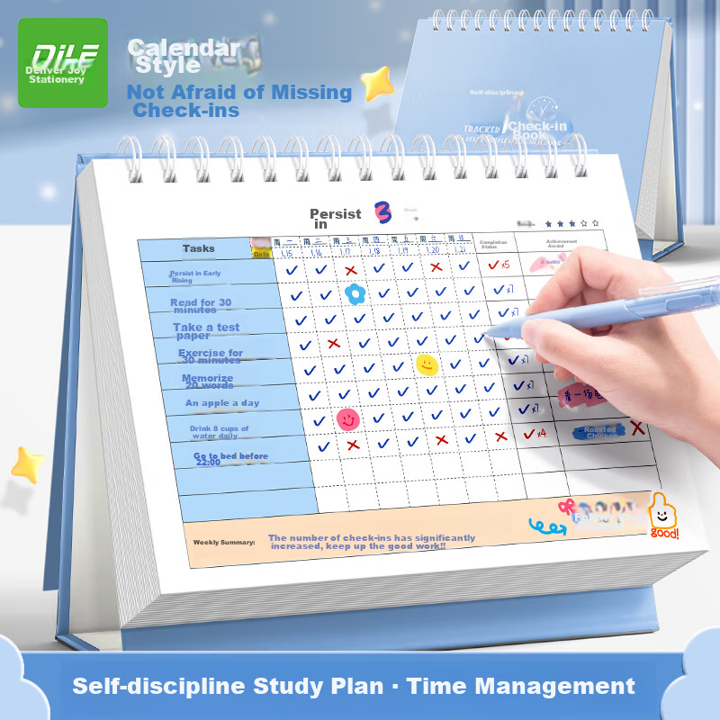 DiLe Self-Discipline Check-In Notebook A5 Habit Formation Daily Check-In Table Weekly Planner Student Monthly Goal Planning Notebook, 59 Pages/Book, KBX-2227D Tranquil Blue