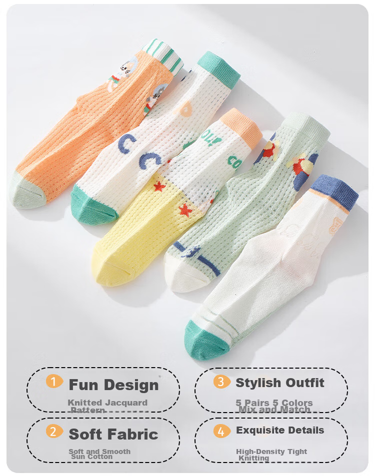 MiiOW Children's Socks, Summer Girls' Thin Breathable Mesh Cotton Socks, Cartoon Mid-Calf Socks for Older Children, Student Socks, 5 Pairs Per Pack 3