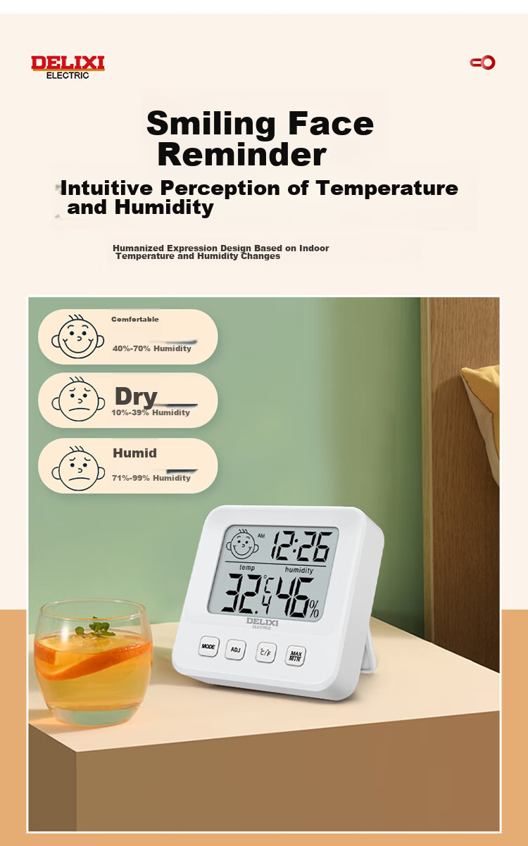 DELIXI ELECTRIC Temperature And Humidity Meter, Baby Room Thermometer, Wall-Mounted And Stand-Up Dual-Use Electronic High-Precision Wall-Mounted Indoor Home Alarm Clock 9