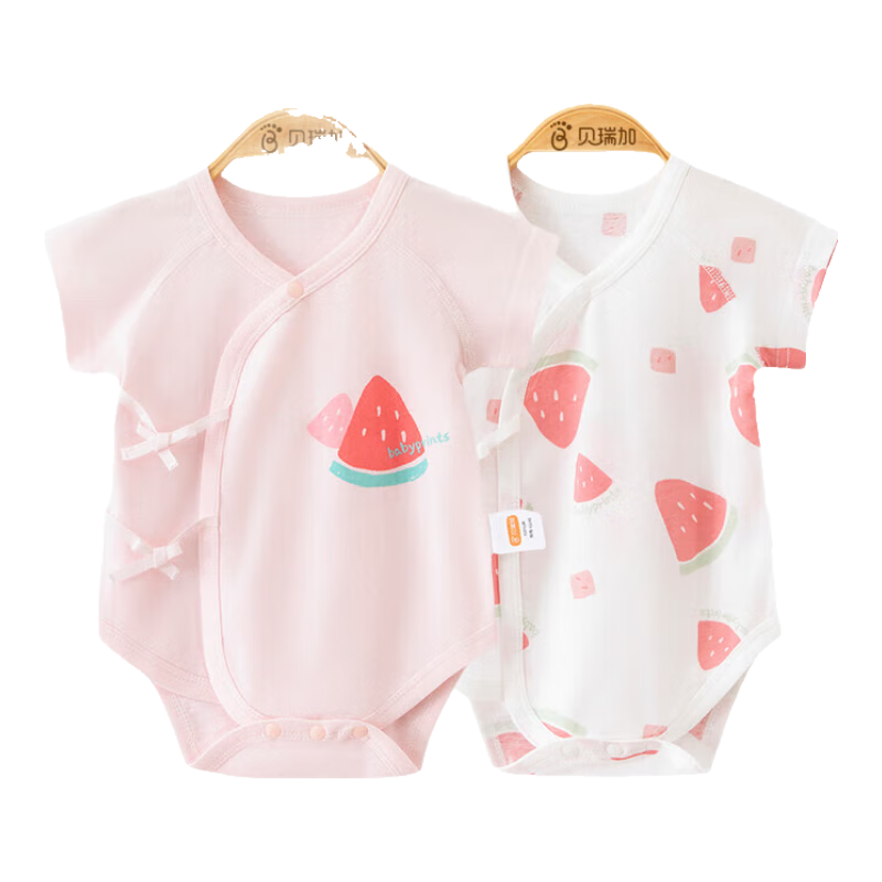 Babyprints Baby Romper 2-Piece Set, Infant Short-Sleeve Bodysuit, Summer Pure Cotton Triangle Onesie, Class A Thin Style, Pink 66