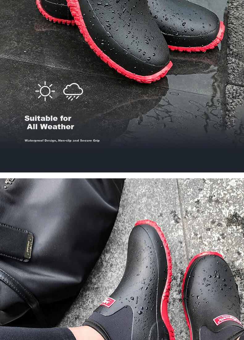 Jolly Walk Rain Boots, Waterproof Shoes, Men's And Women's Rubber Boots, Fashionable Rain Boots, Work Safety Overshoes, JW218, Red And Black, Size 44 15