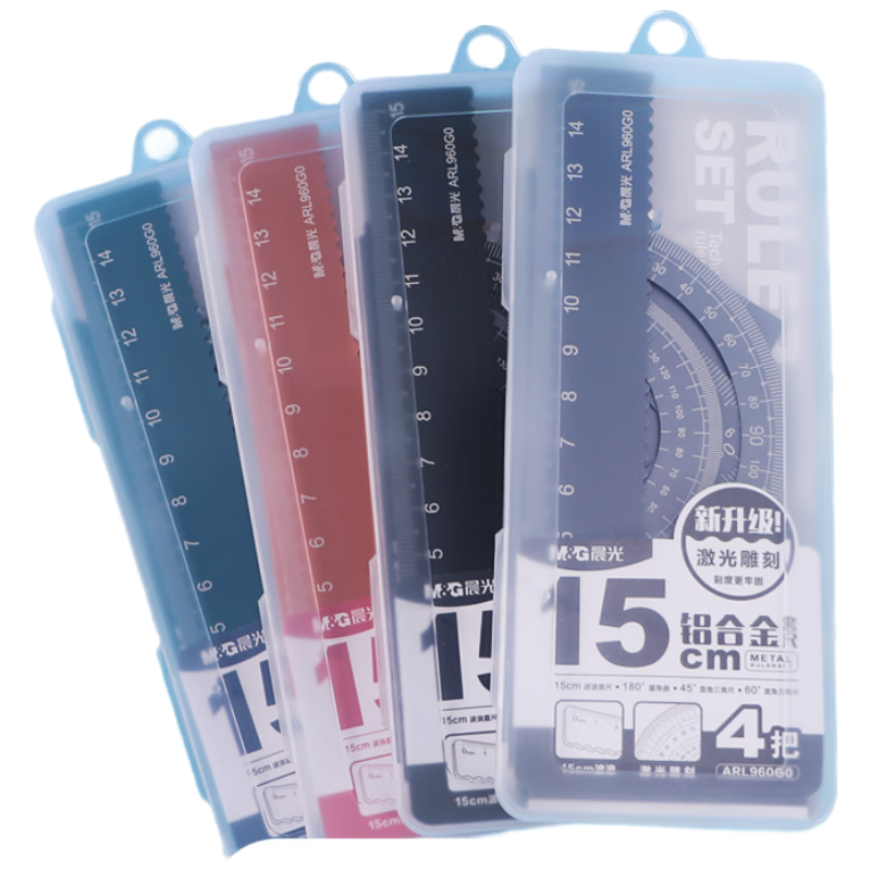 M&G Aluminum Alloy Metal Ruler Set (15cm Wavy Edge Straight Ruler, Triangle Ruler, Protractor), Drawing Rulers, Random Color, ARL960G0, 4 Pieces/set