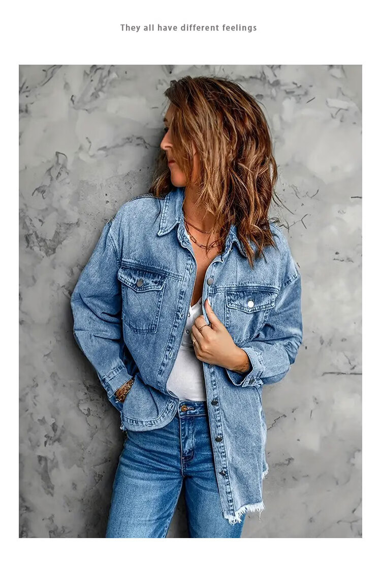 Pierre Cardin Women's Shirt, Summer Versatile Loose Street Style, Distressed Hem, Denim Blouse Top, Dark Blue, Size L 1