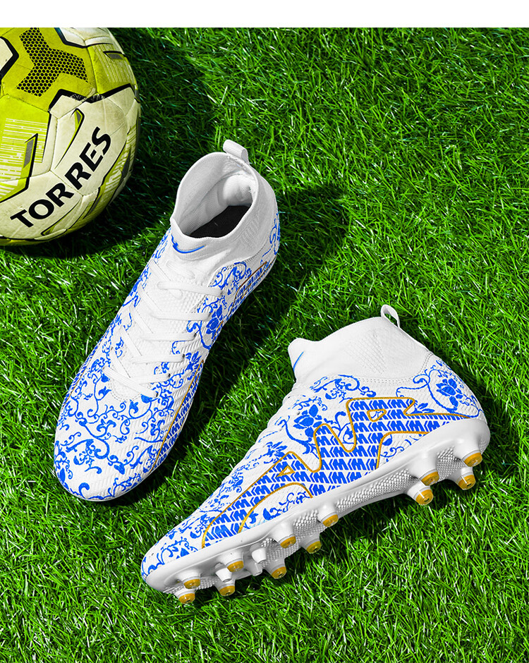 Double Star Bate Men's FG Soccer Shoes High-Top Training Shoes Professional Artificial Grass Adult Match Black Blue Size 44 16
