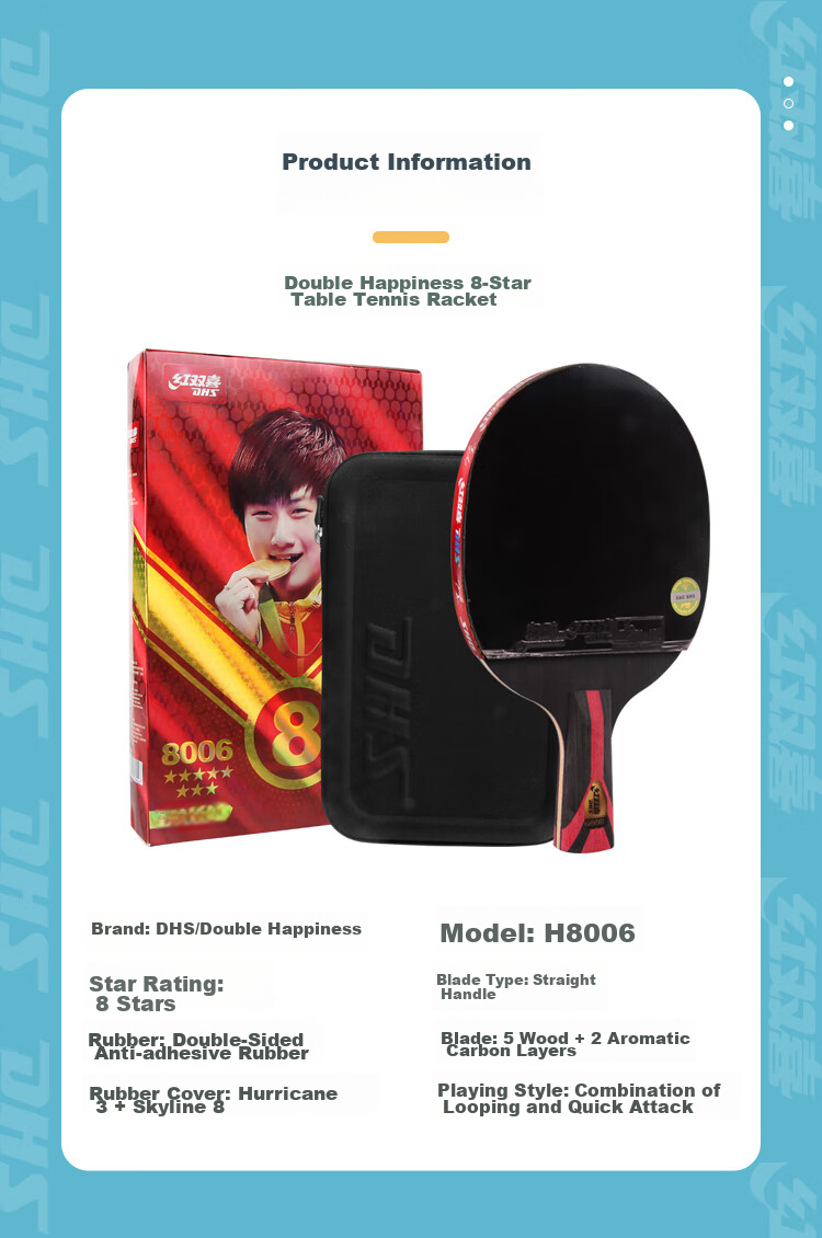 DHS Kuangbiao Eight-Star Table Tennis Paddle, Straight Handle, Competition-Grade Finished Product, Fangtan H8006, Ball Included 7